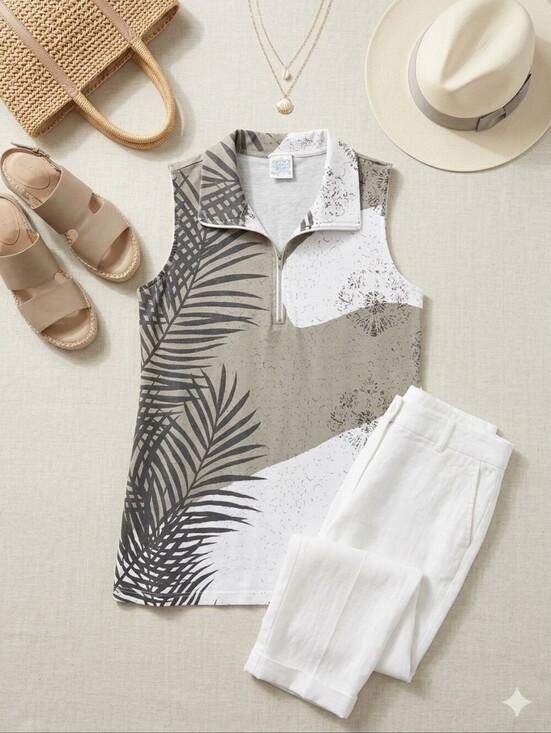 Parsley & Sage Tops - Parsley & Sage White Tan Cotton Sleeveless Collared Tunic Blouse